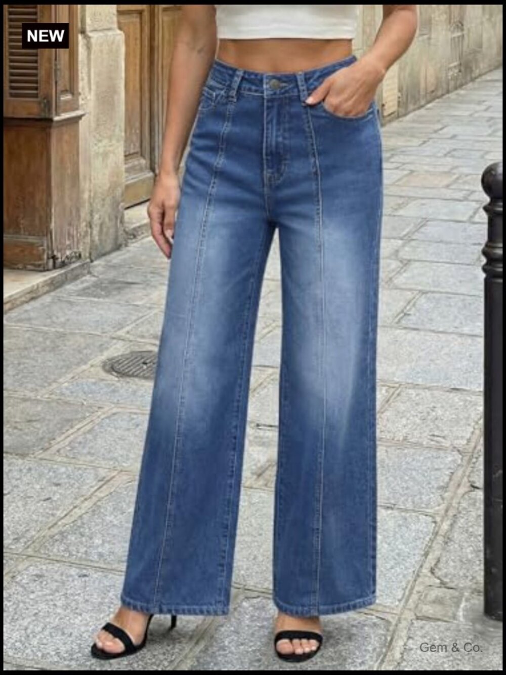 High Waisted Wide Leg Baggy Jeans Front Seam Denim Pants - Picture 3 of 6